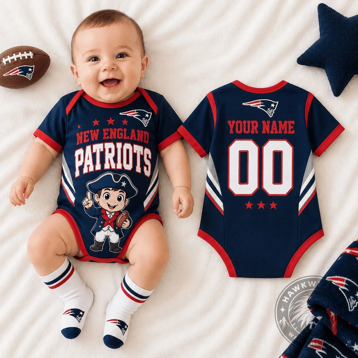 New England Patriots Baby Romper with Pat Patriot Mascot and Custom Name 1 New England Patriots Baby Romper with Pat Patriot Mascot and Custom Name