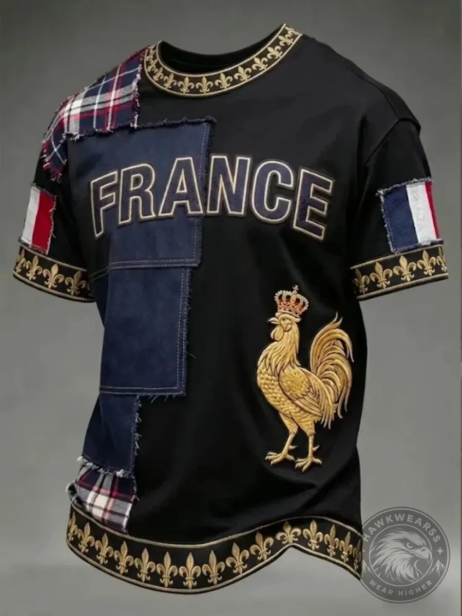 France Football Rooster Embroidered Patchwork T-Shirt