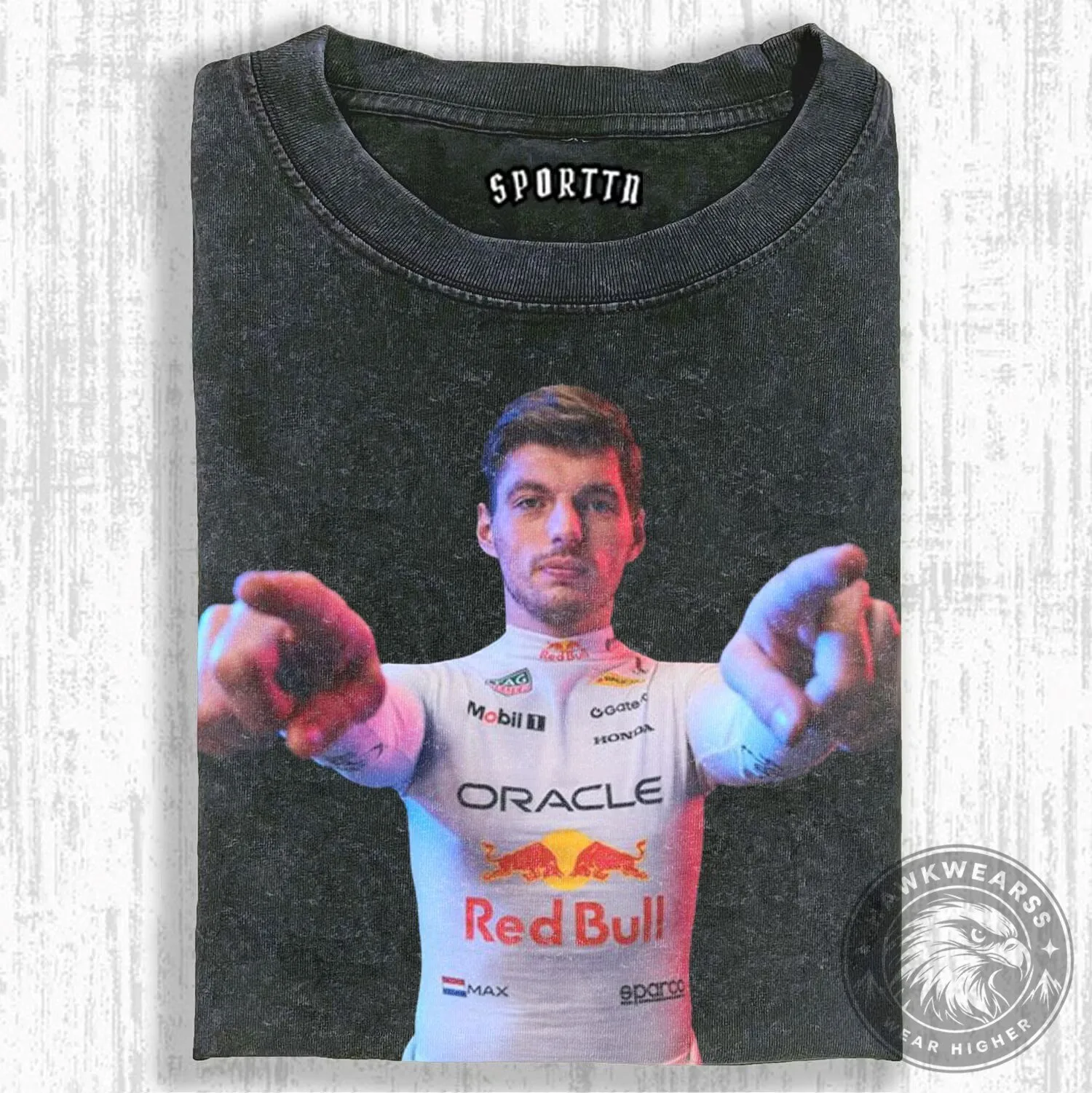 Black Washed T-Shirt of Max Verstappen, Formula One Racing Driver 6 Black Washed T-Shirt of Max Verstappen, Formula One Racing Driver