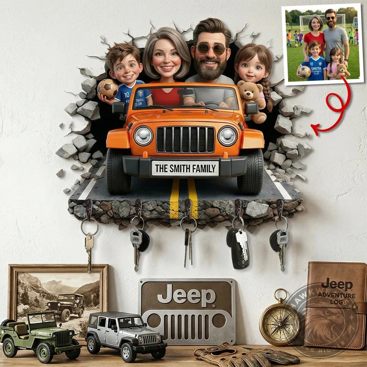 Custom Family Portrait Jeep Driving Roadway Acrylic Key Hanger