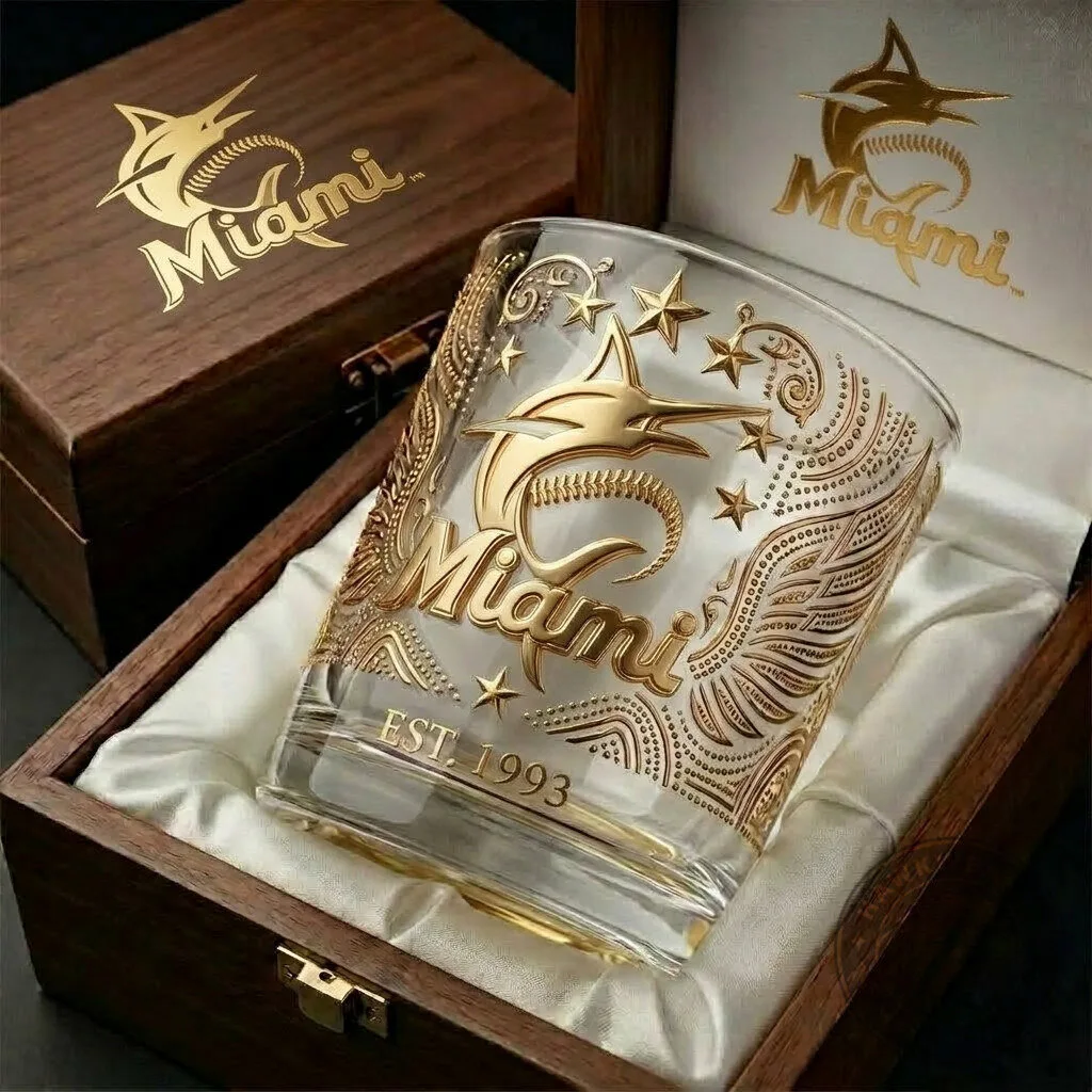 Miami Marlins Baseball Team Gold Edition Whiskey Drinking Glass
