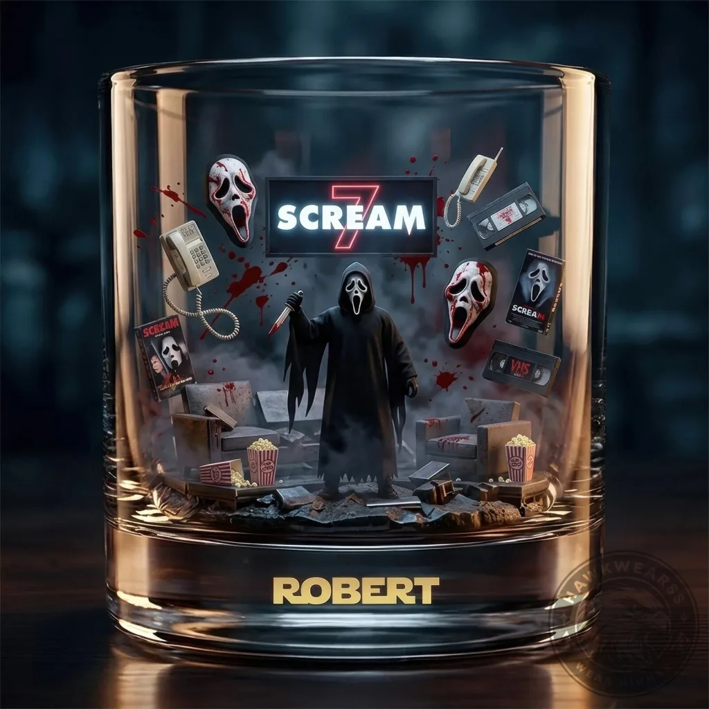 Scream Movie Ghostface Horror Film Whiskey Glass - Personalized Drinking Glass Gift