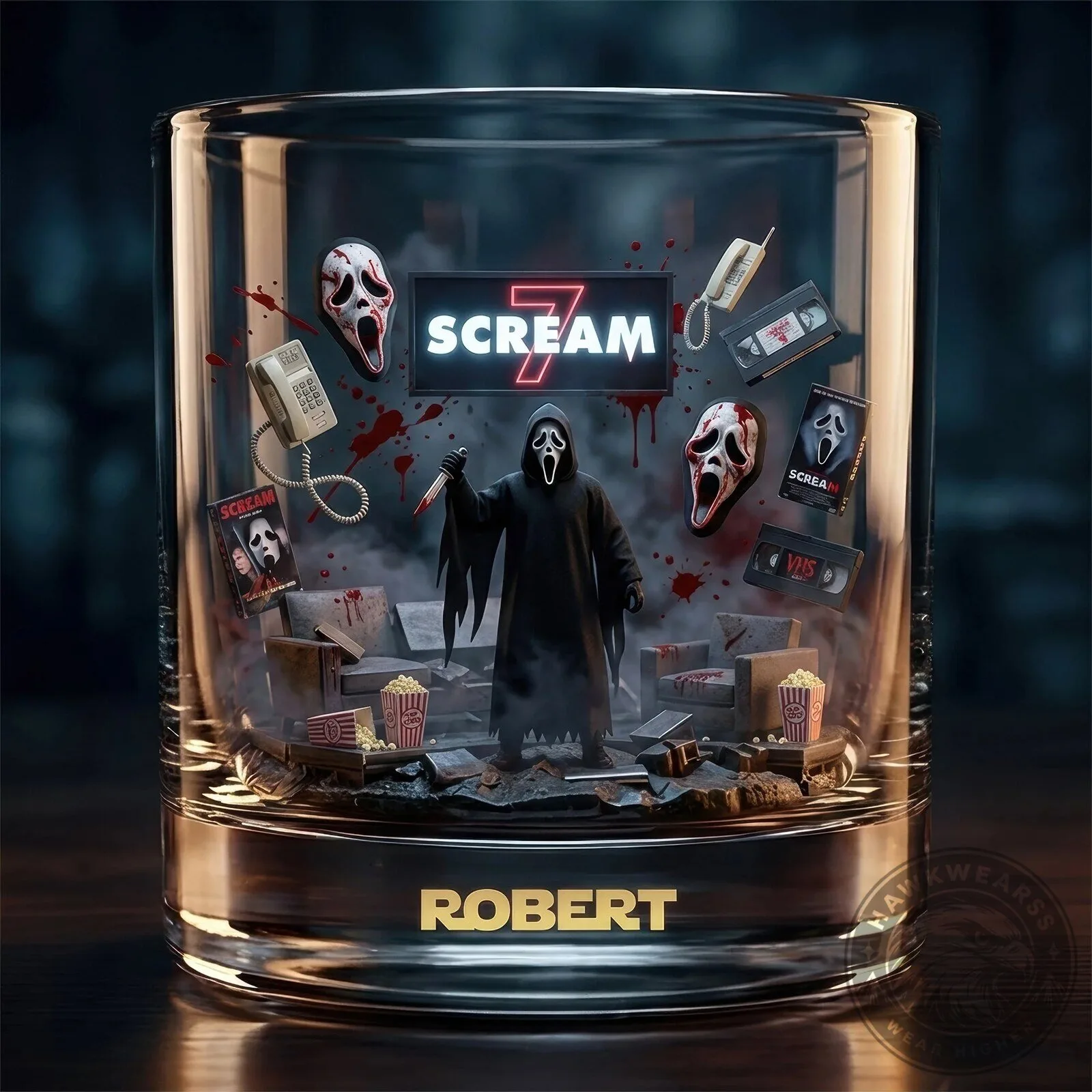 Scream Movie Ghostface Horror Film Whiskey Glass - Personalized Drinking Glass Gift