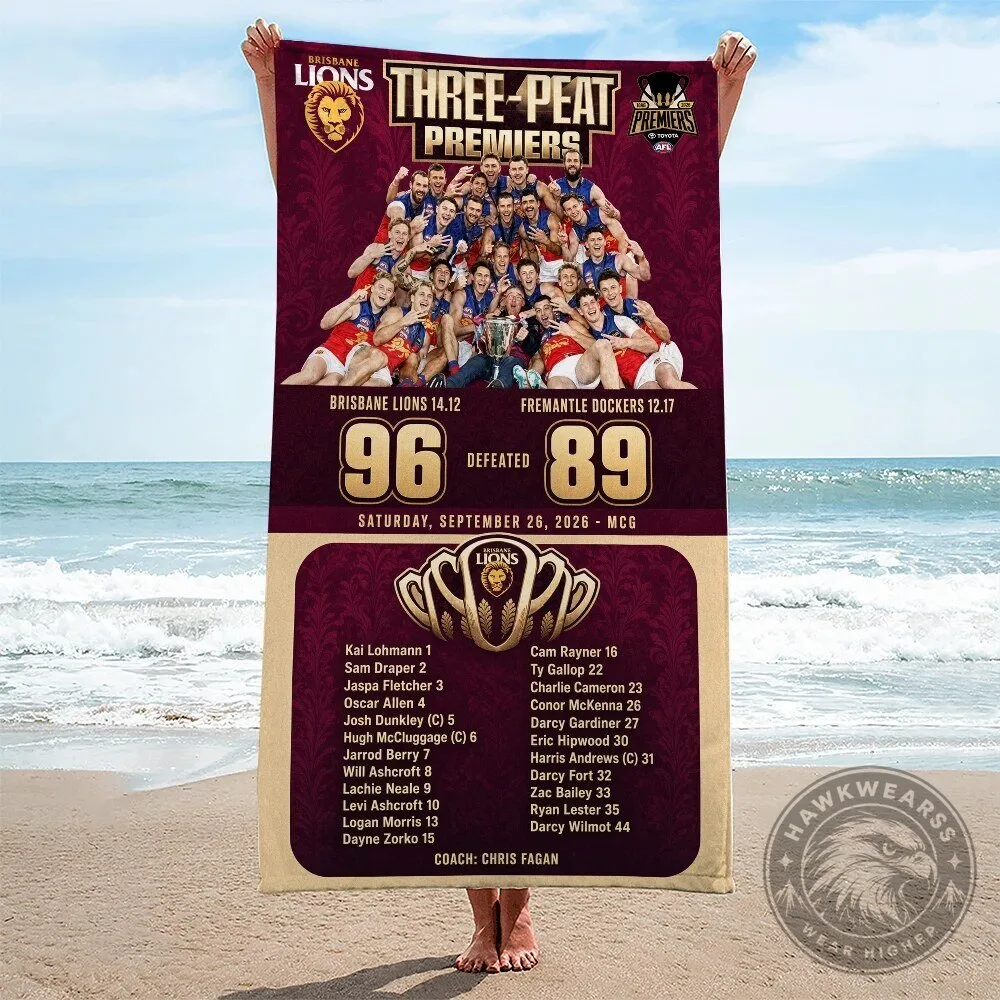 Brisbane Lions Three-Peat Premiers 2026 AFL Grand Final Scoreboard Beach Towel
