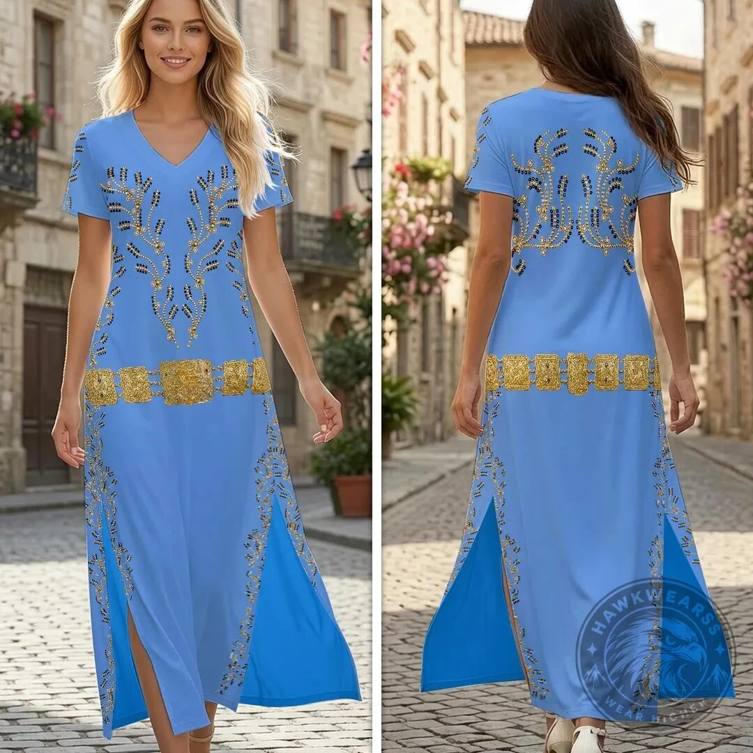 Elvis Presley Blue Gold Pattern Short Sleeve V-Neck Maxi Dress
