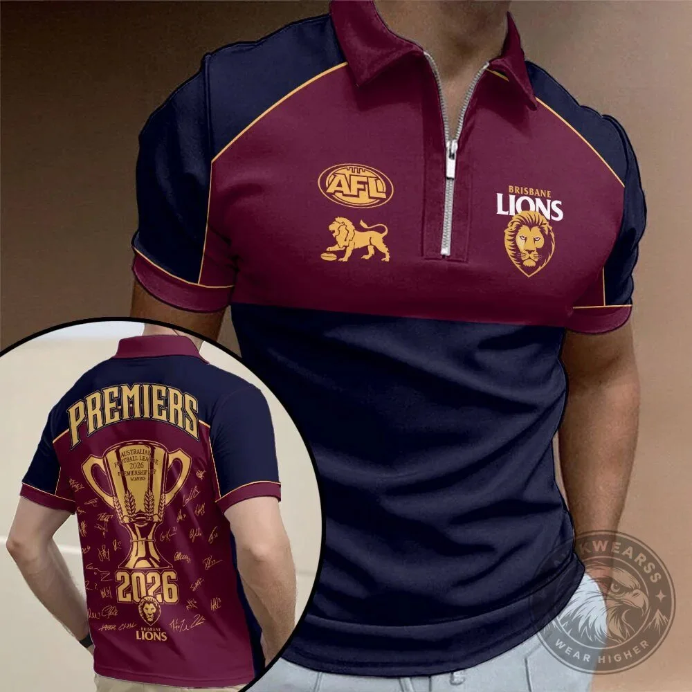 Brisbane Lions 2026 AFL Premiers Gold Cup Zipper Polo Shirt