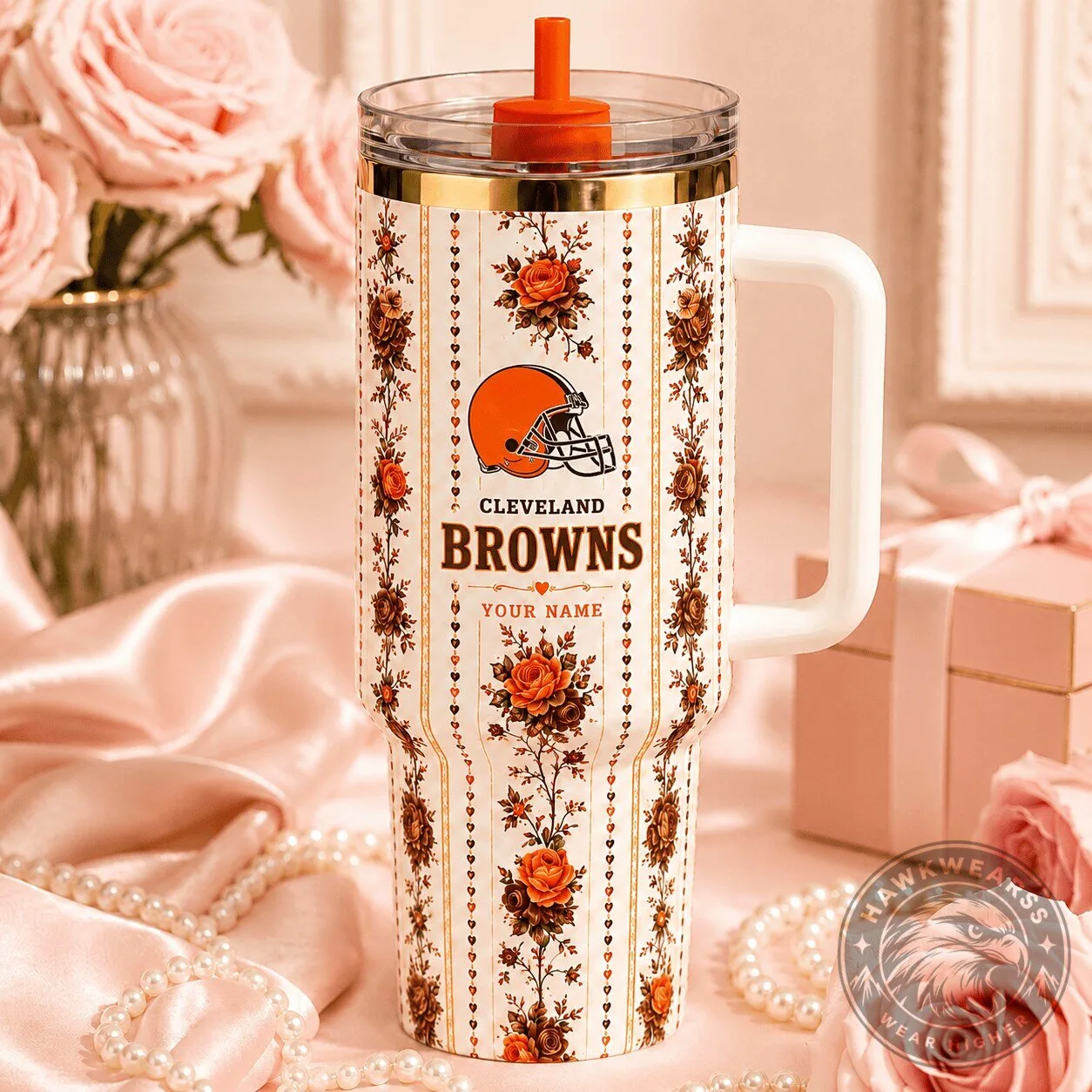 Cleveland Browns NFL Football Floral Pattern Personalized Straw Tumbler