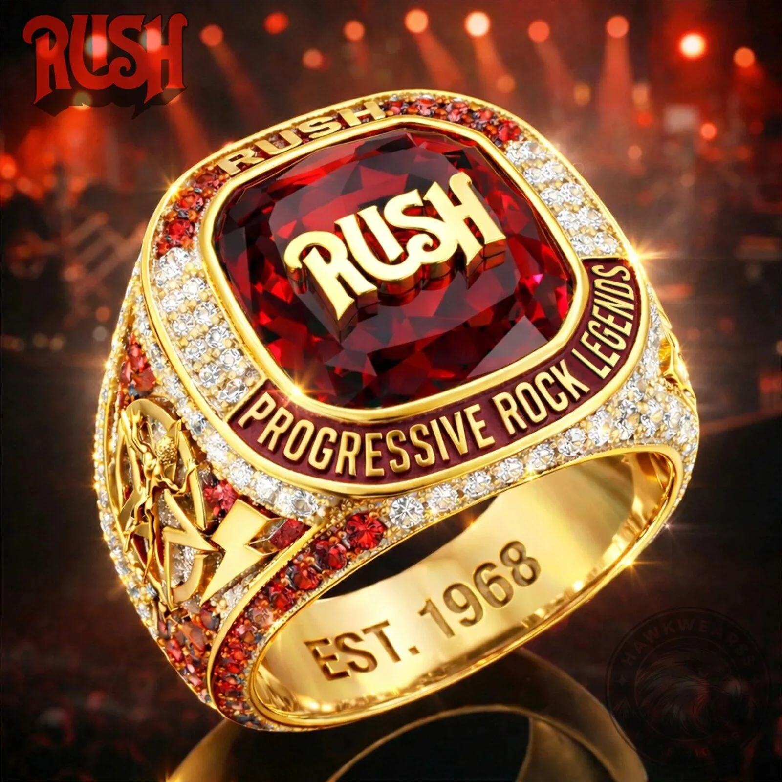 Rush Progressive Rock Legends Gold Championship Ring with Red Gemstone 1 Rush Progressive Rock Legends Gold Championship Ring with Red Gemstone
