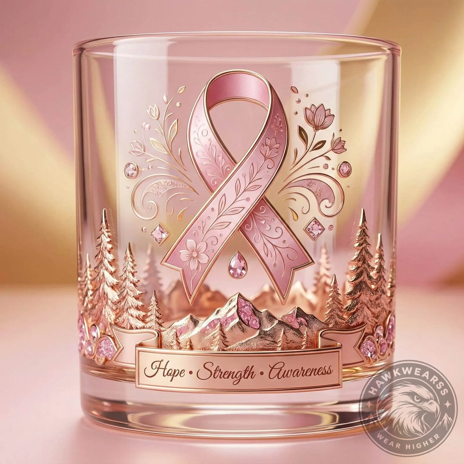 Rush Progressive Rock Legends Gold Championship Ring with Red Gemstone 6 Breast Cancer Pink Ribbon Floral Accent Hope Strength Awareness Drinking Glass
