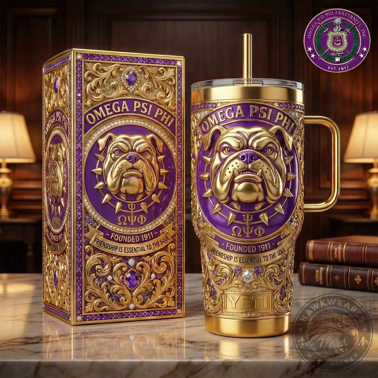 Gold and Purple Yeti Tumbler with Handle featuring Omega Psi Phi Fraternity Bulldog