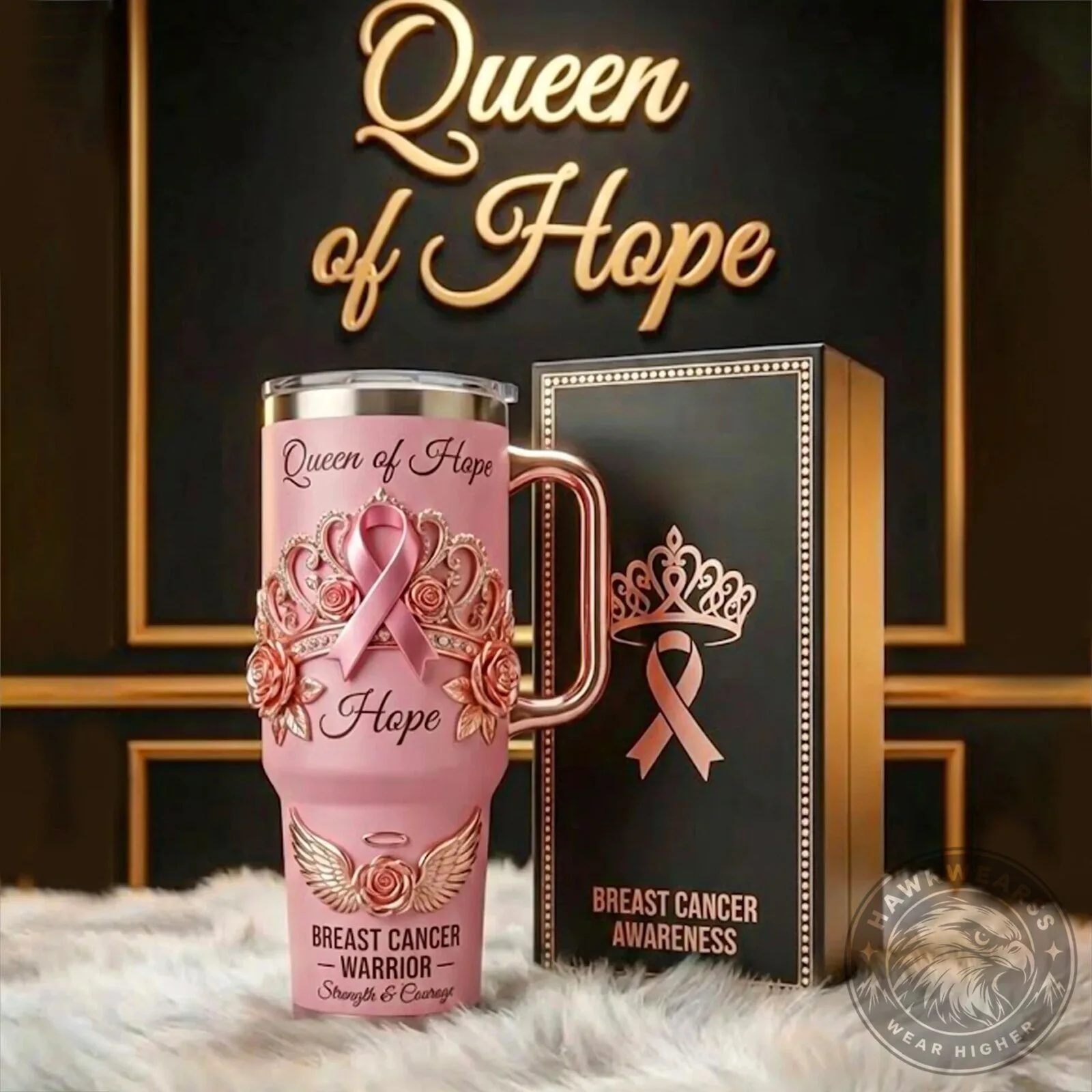Breast Cancer Awareness Queen of Hope Warrior Pink Tumbler with Handle