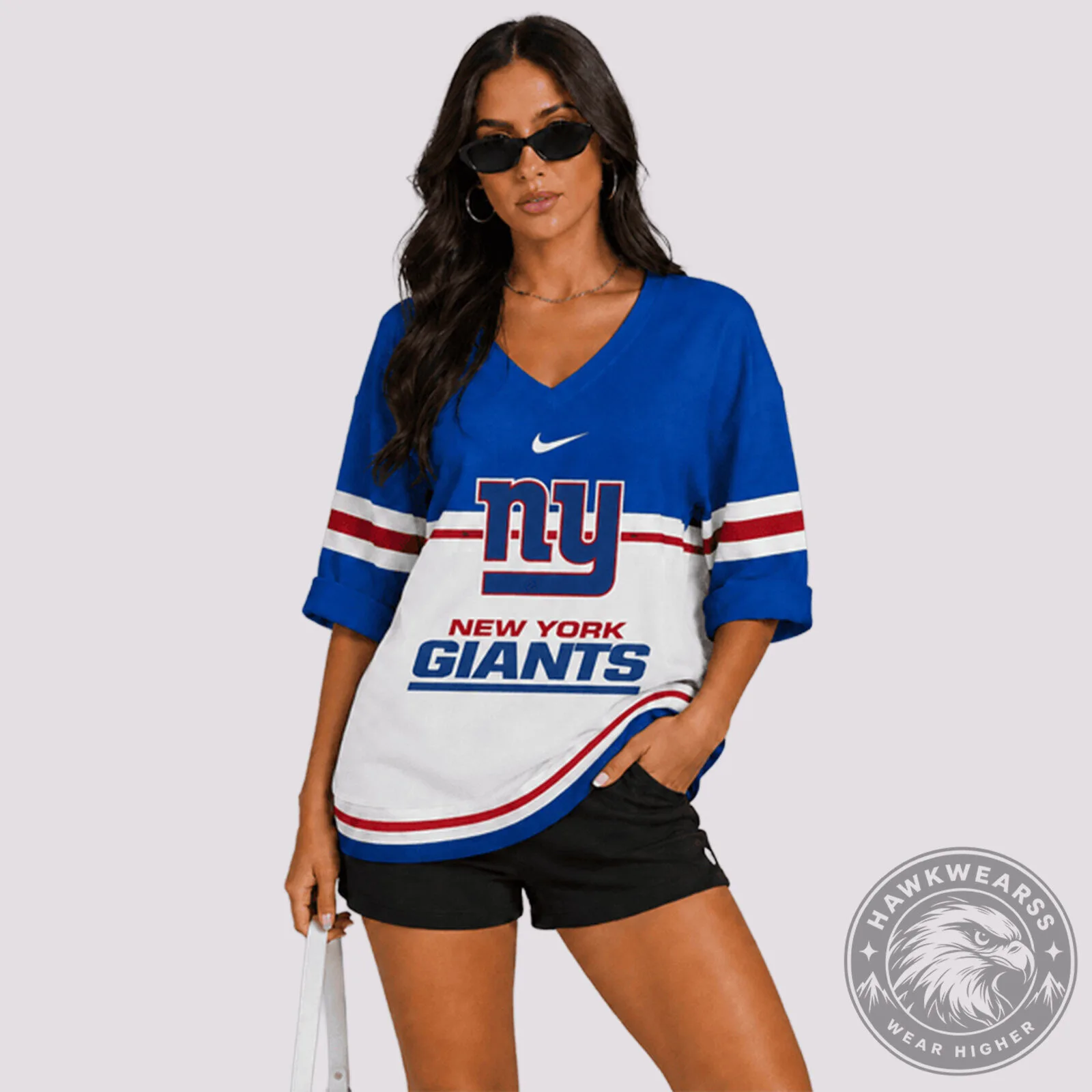 New York Giants NFL Football Team Blue and White V-Neck Long Sleeve Shirt