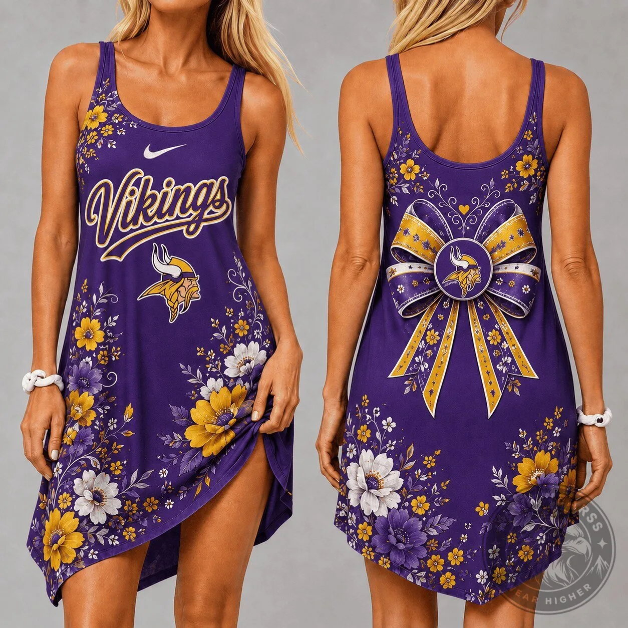 Minnesota Vikings Floral Print Sleeveless Scoop Neck Mini Dress