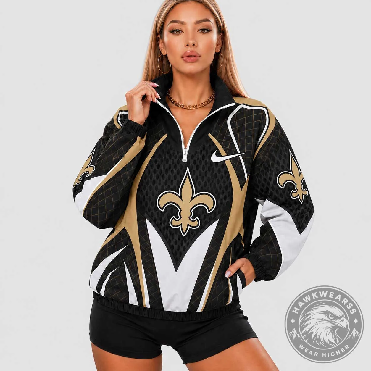 New Orleans Saints Women's Black and Gold Quarter-Zip Pullover Jacket 2 New Orleans Saints Women's Black and Gold Quarter-Zip Pullover Jacket