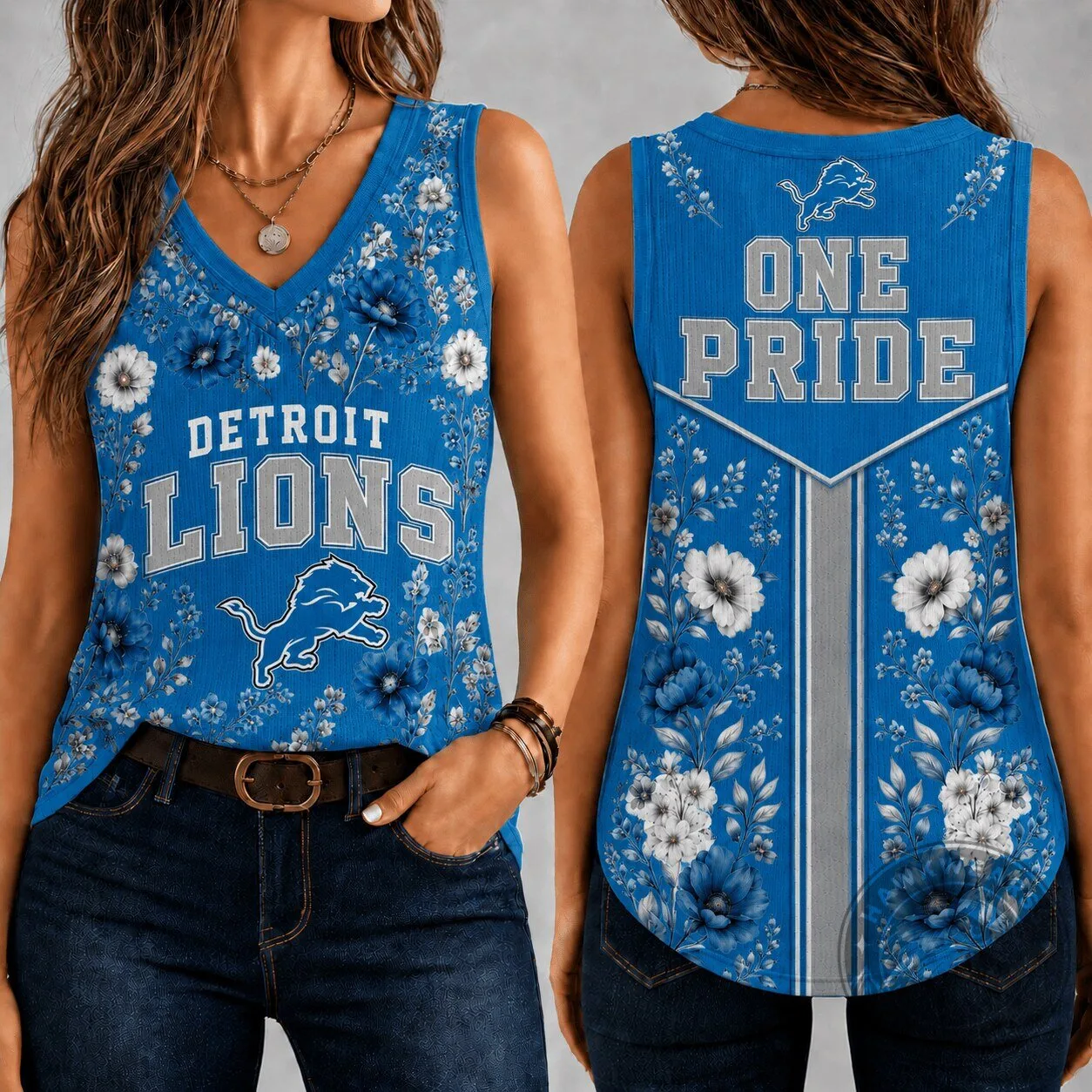 Detroit Lions Football Team Floral Vintage Game Day Women's V-Neck Tank Top