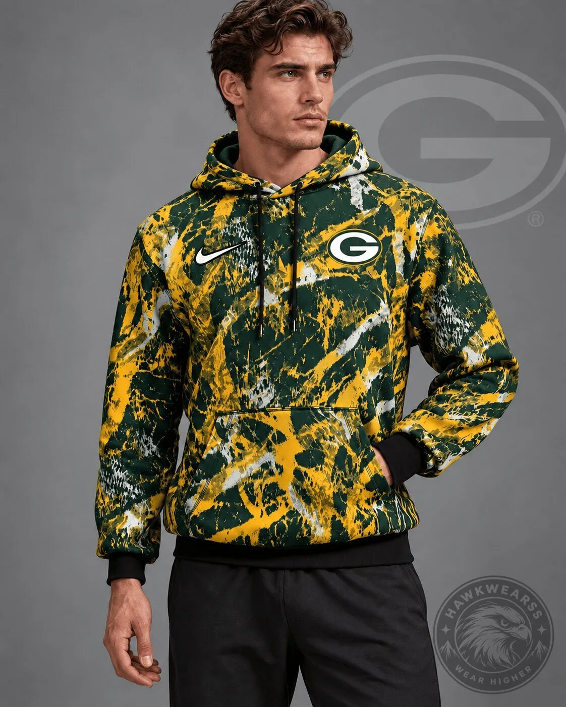 Green Bay Packers NFL Team Crest Distressed Brush Camouflage Pullover Hoodie 3 Green Bay Packers NFL Team Crest Distressed Brush Camouflage Pullover Hoodie