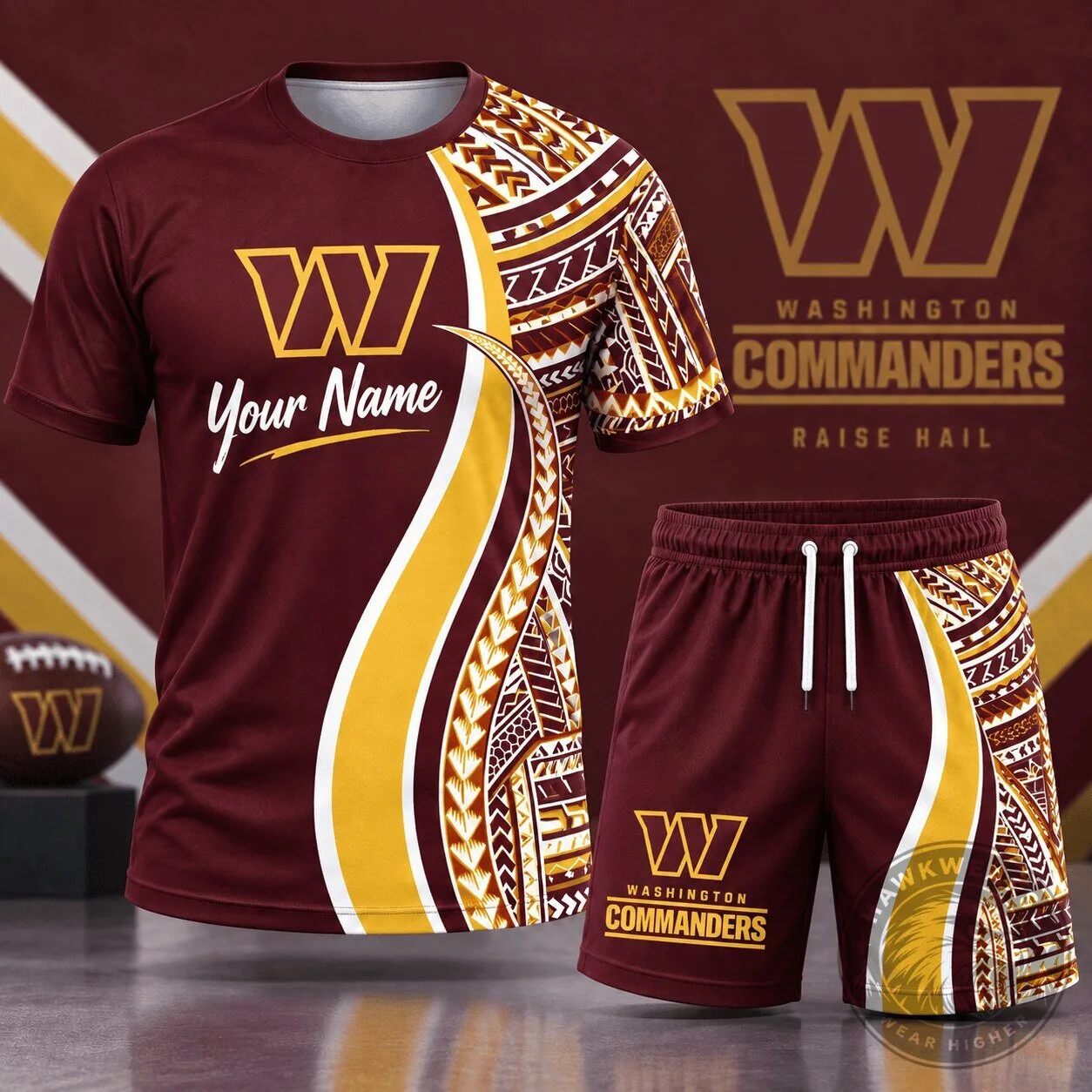 Washington Commanders NFL Football Custom Name Tribal Graphic T-Shirt and Shorts Set