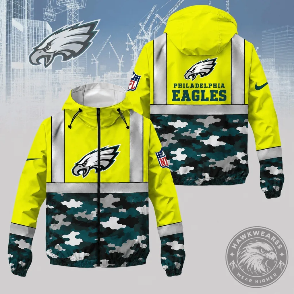 Camouflage Windbreaker Jacket with Reflective Philadelphia Eagles Design Camouflage Windbreaker Jacket with Reflective Philadelphia Eagles Design