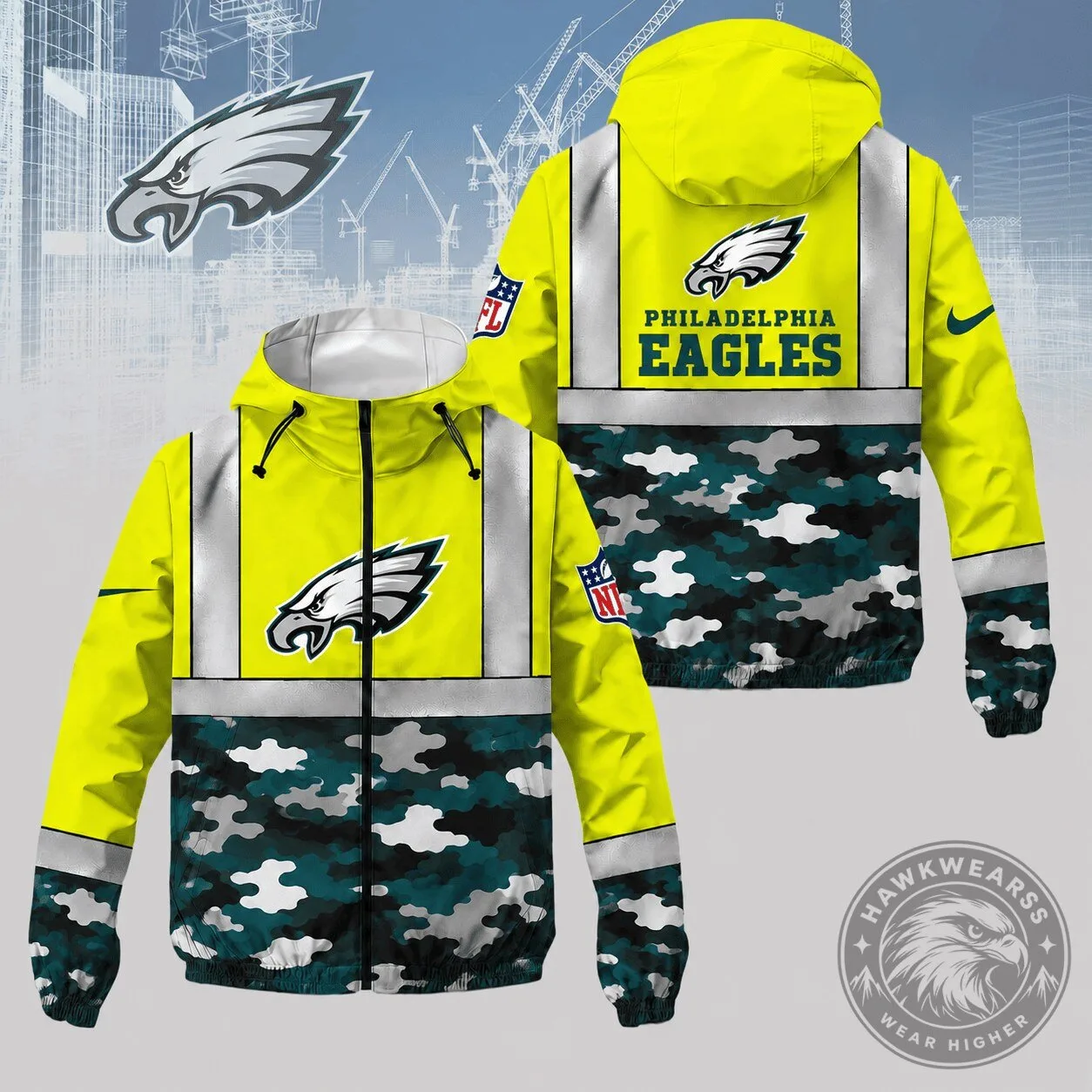 Camouflage Windbreaker Jacket with Reflective Philadelphia Eagles Design