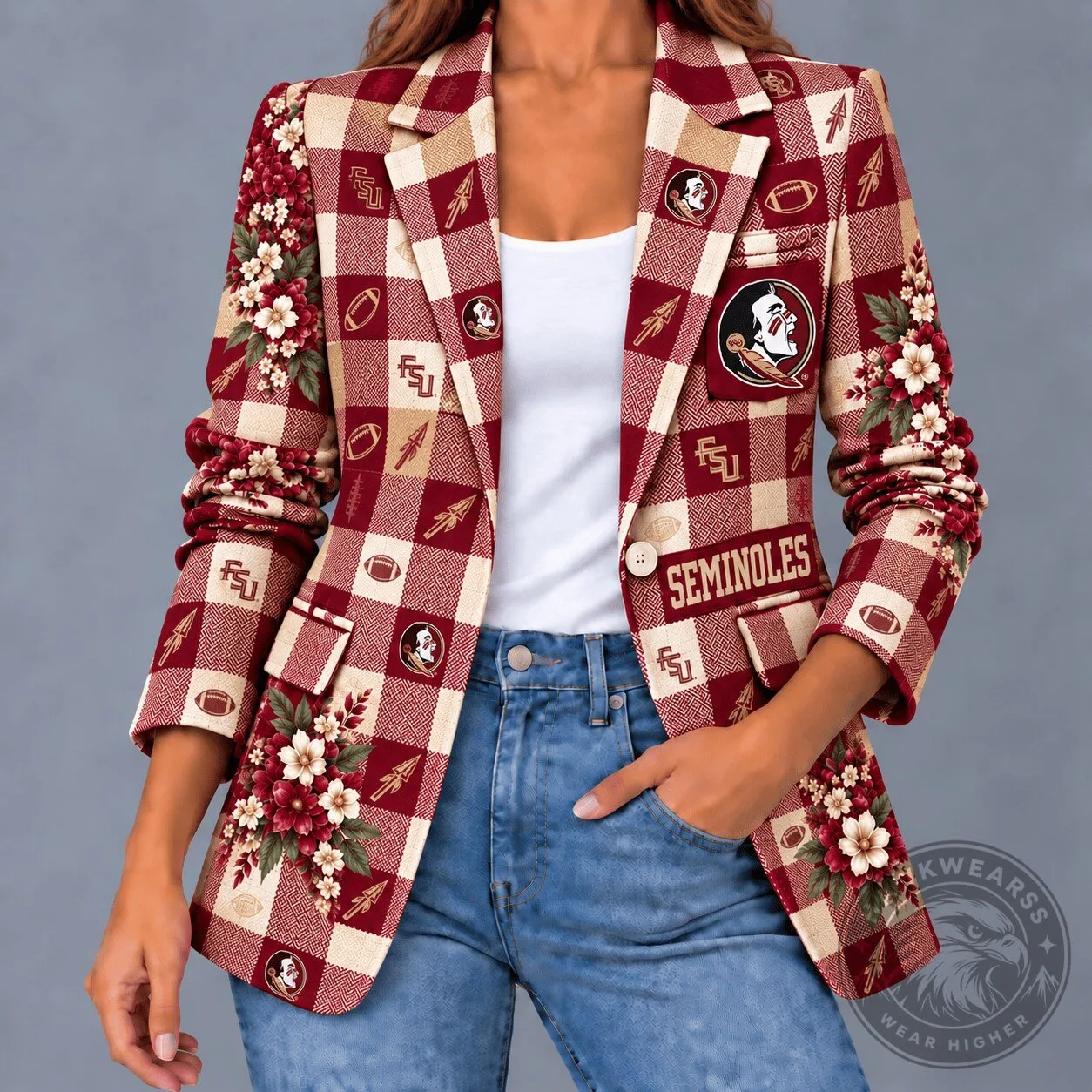Florida State Seminoles Football Floral Plaid Women's Blazer Jacket