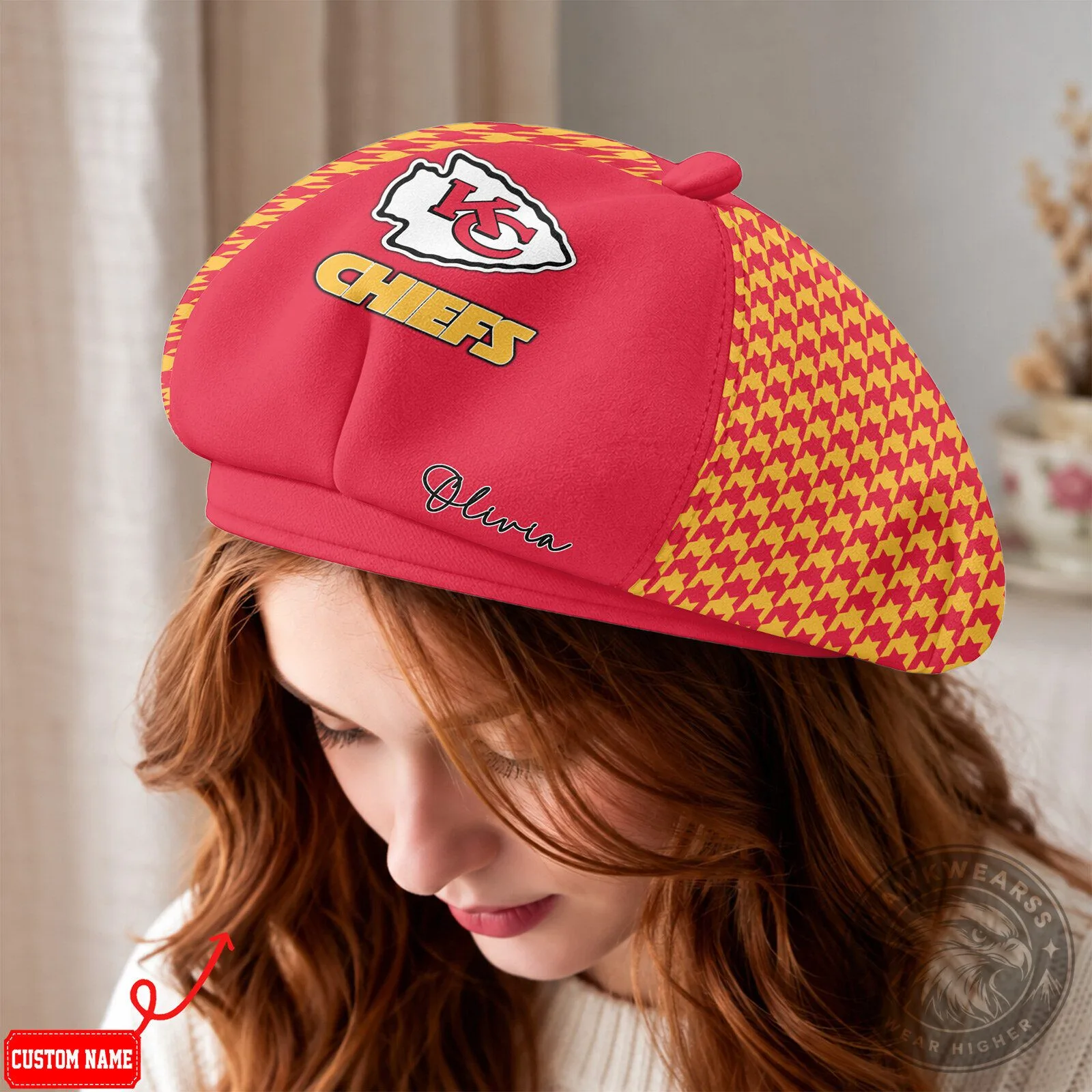 Kansas City Chiefs Personalized Houndstooth Beret Cap Hat