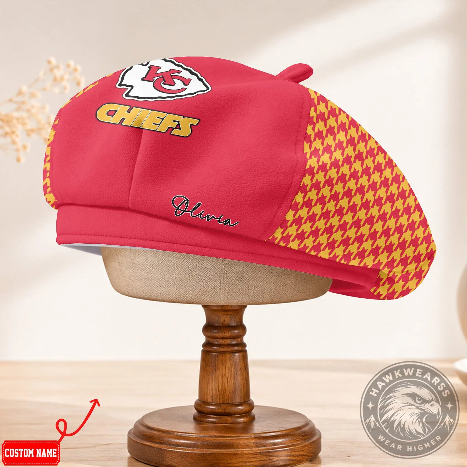 Kansas City Chiefs Personalized Houndstooth Beret Cap Hat 11 Kansas City Chiefs Personalized Houndstooth Beret Cap Hat