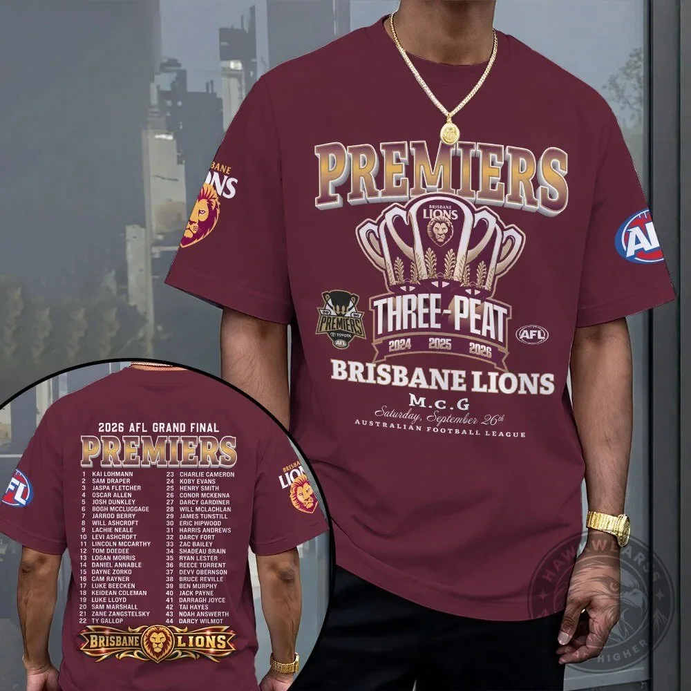 2026 AFL Premiers Commemorative T-Shirt for Brisbane Lions - Celebrating the Three-Peat