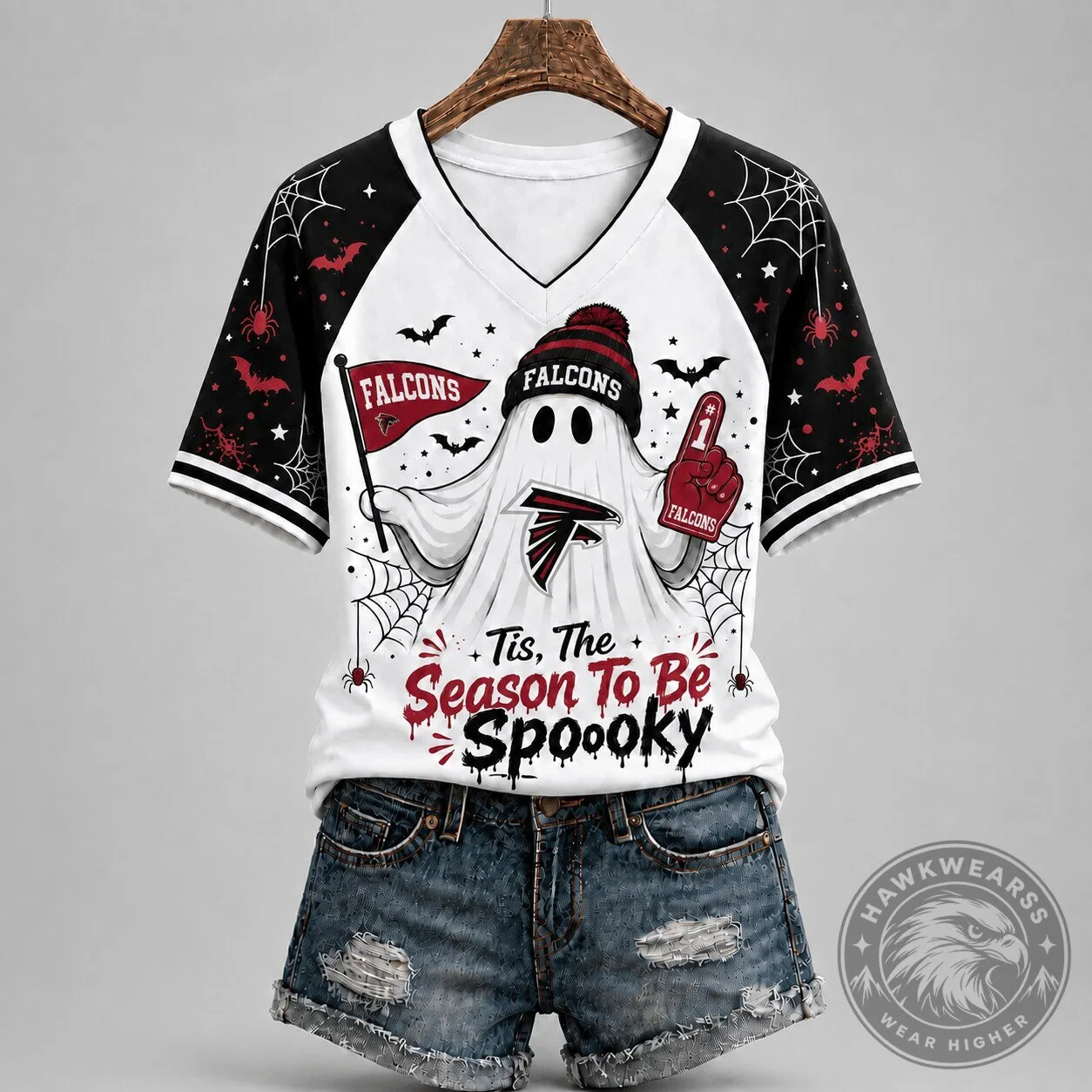 Spooky Season Atlanta Falcons Ghost Fan Halloween V-Neck T-Shirt