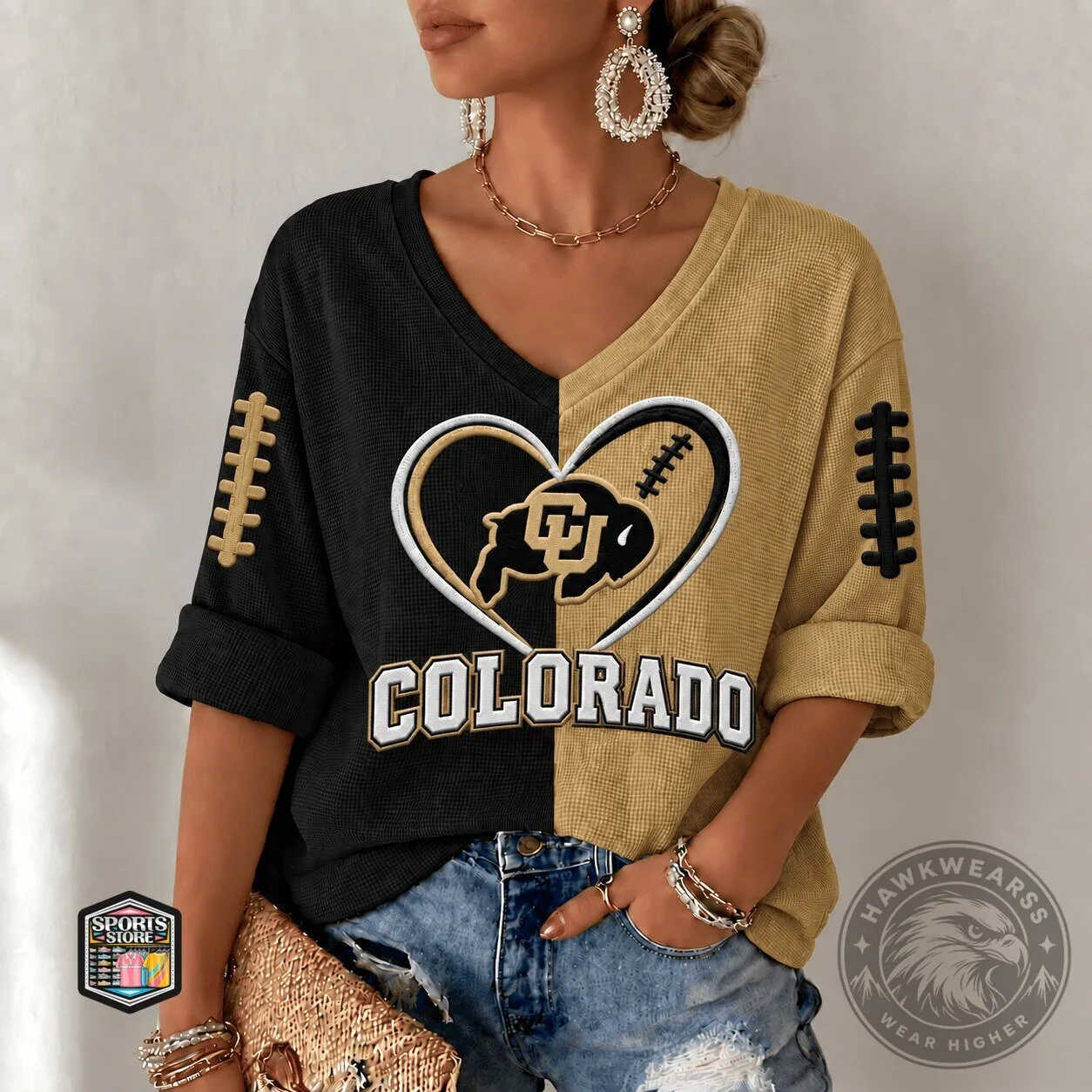 Colorado Buffaloes Football Heart Design Women's V-Neck Long Sleeve Shirt
