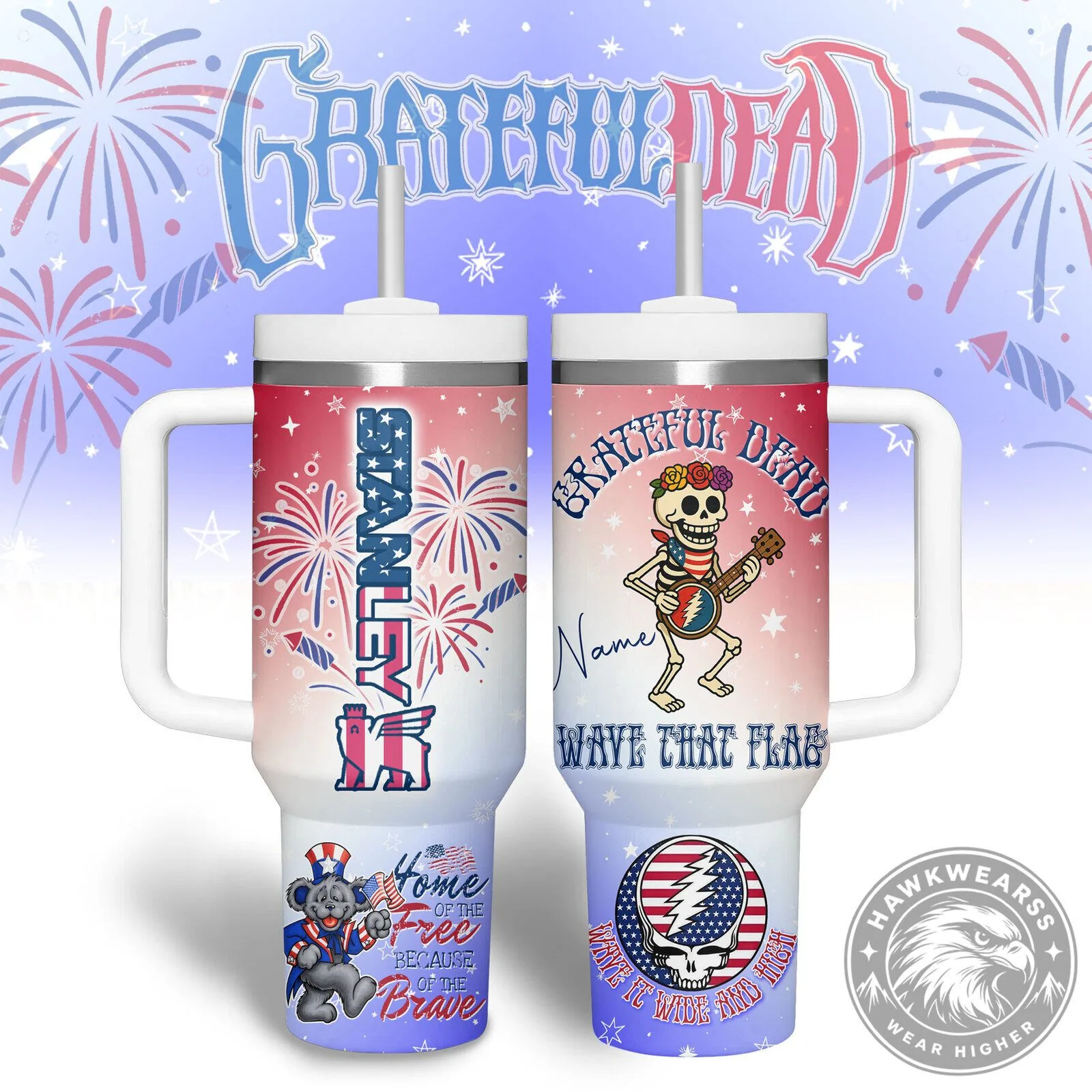 Grateful Dead Patriotic Skeleton Stanley Tumbler With Handle
