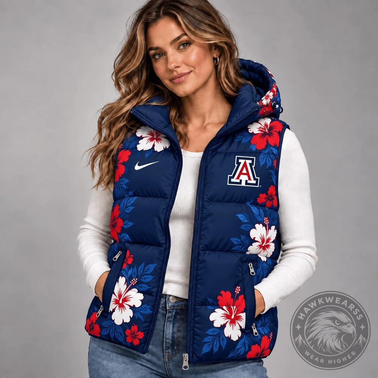 Arizona Wildcats NCAA Floral Hibiscus Hooded Puffer Vest