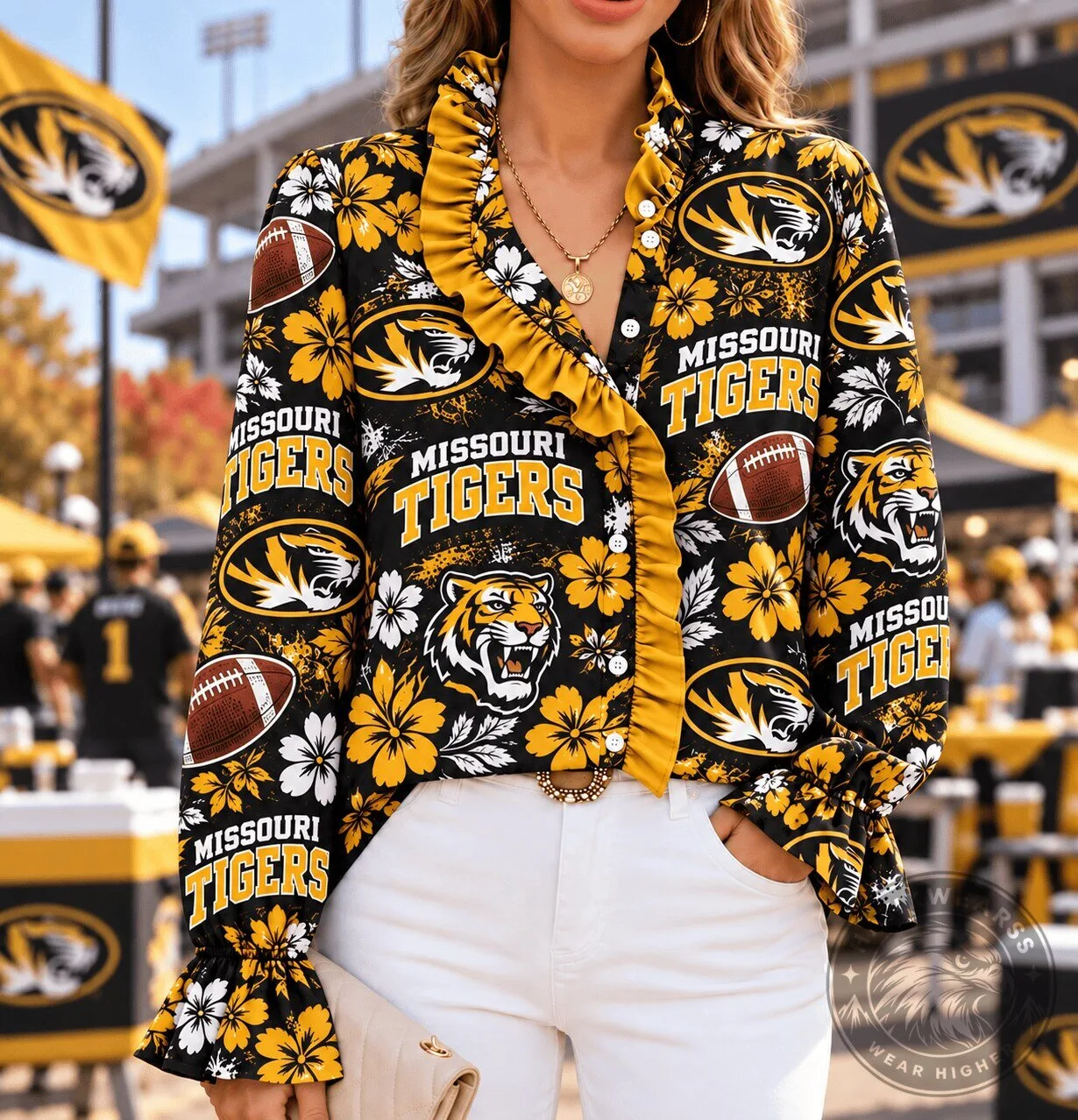 Missouri Tigers NCAA Football Floral Ruffle Long Sleeve Blouse