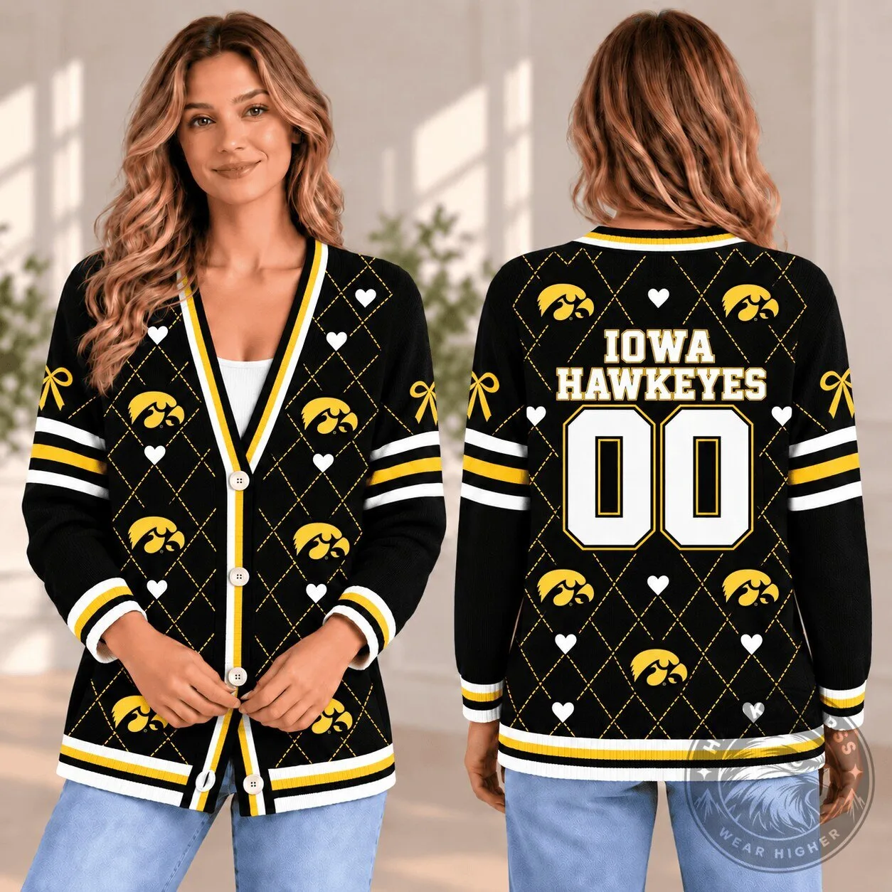 Iowa Hawkeyes Personalized Team Spirit Argyle Pattern Cardigan Sweater 1 Iowa Hawkeyes Personalized Team Spirit Argyle Pattern Cardigan Sweater