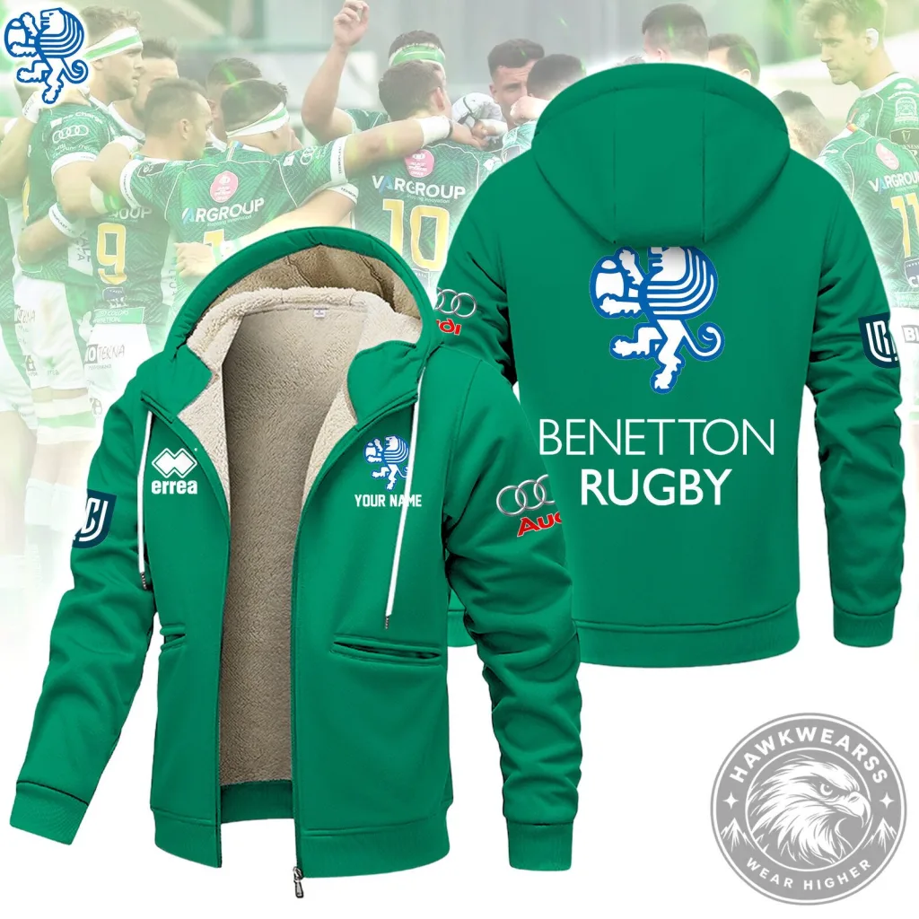 Benetton Rugby Team Green Fleece Lined Full Zip Hoodie Jacket Benetton Rugby Team Green Fleece Lined Full Zip Hoodie Jacket