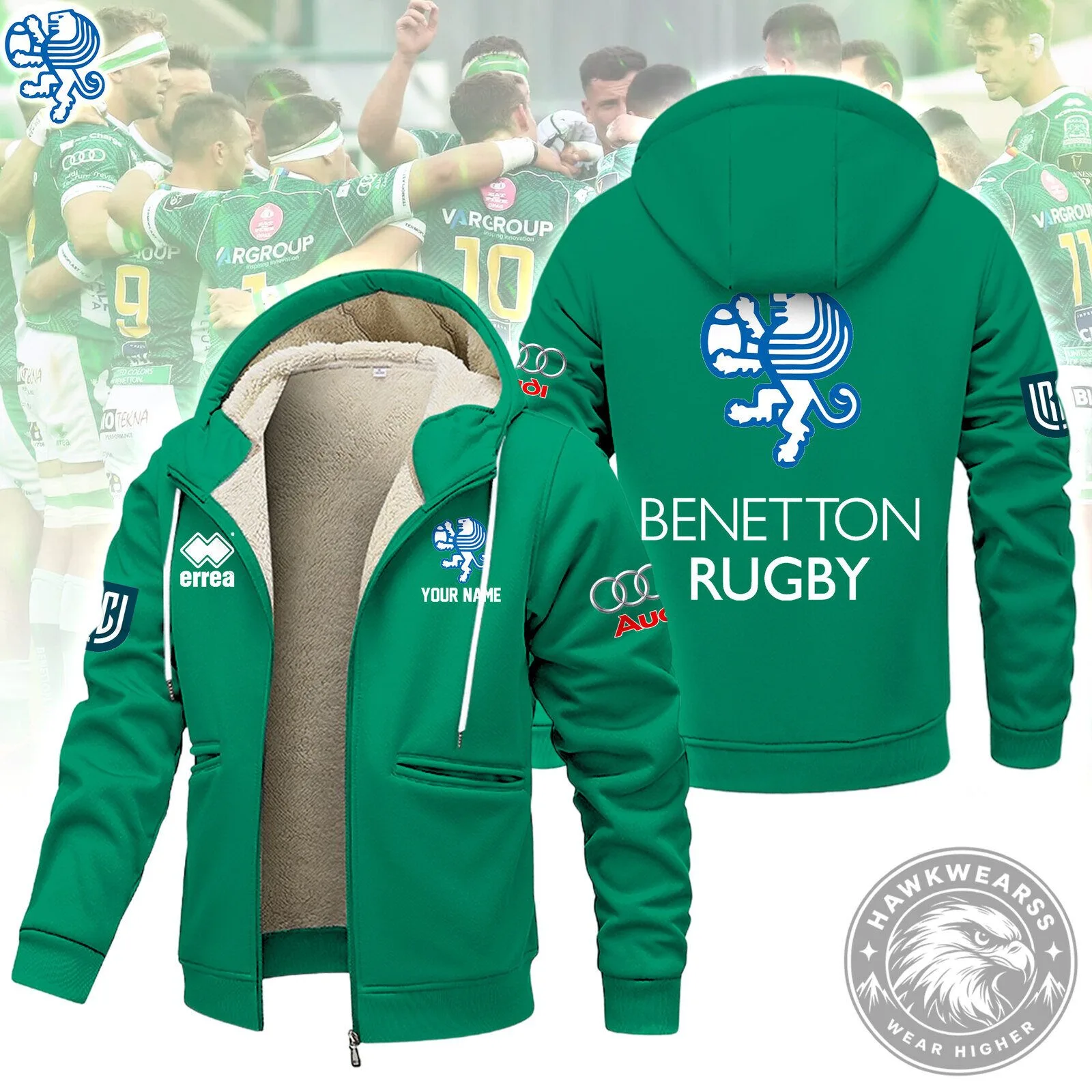Benetton Rugby Team Green Fleece Lined Full Zip Hoodie Jacket 5 Benetton Rugby Team Green Fleece Lined Full Zip Hoodie Jacket