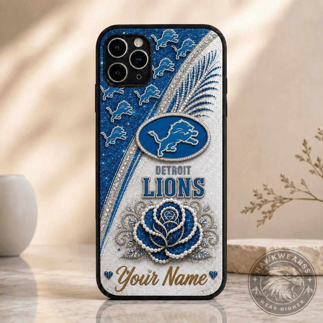 Detroit Lions Personalized Glitter Diamond Rose Design Phone Case