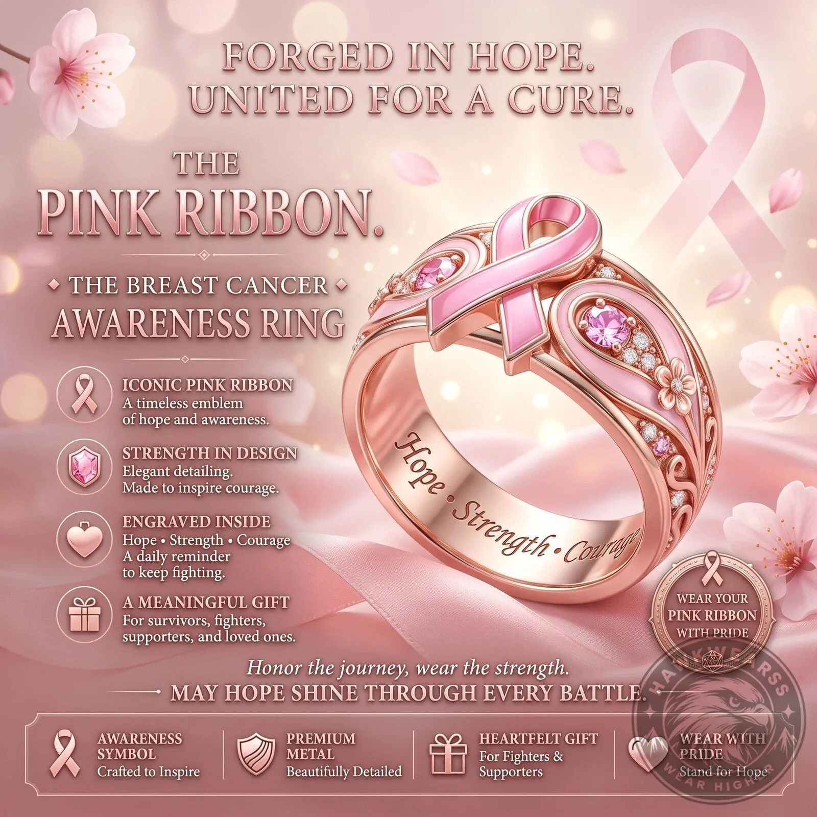 Pink Ribbon Breast Cancer Awareness Ring Hope Strength Courage