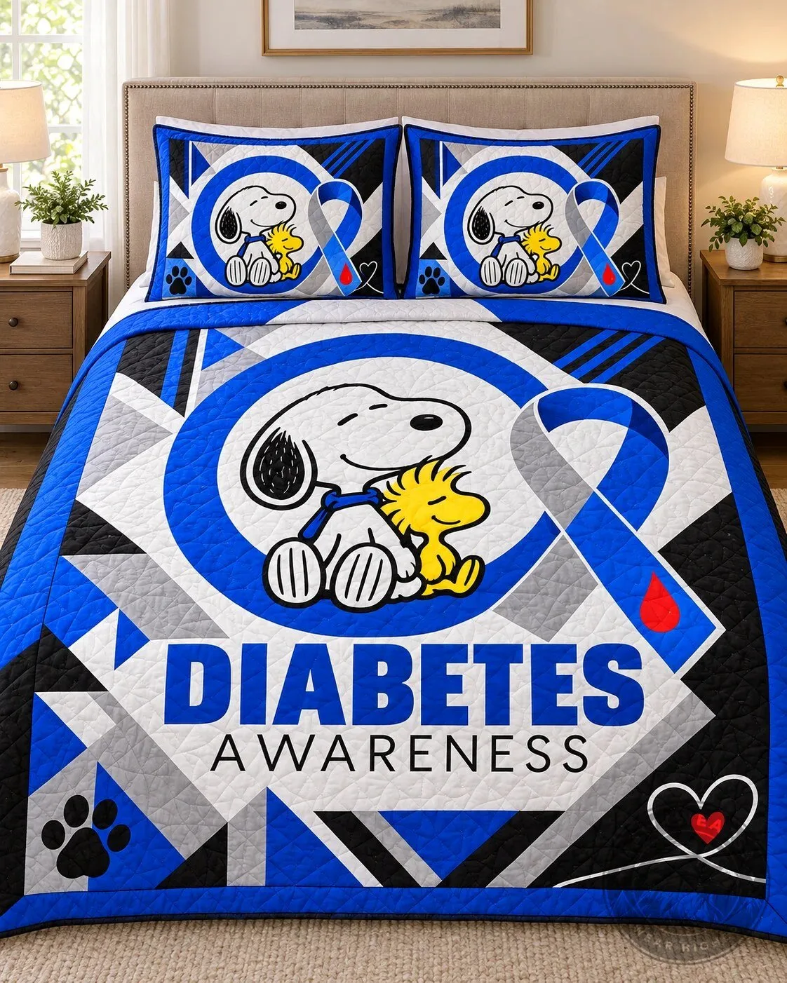 Snoopy And Woodstock Diabetes Awareness Blue Ribbon Quilted Blanket Set