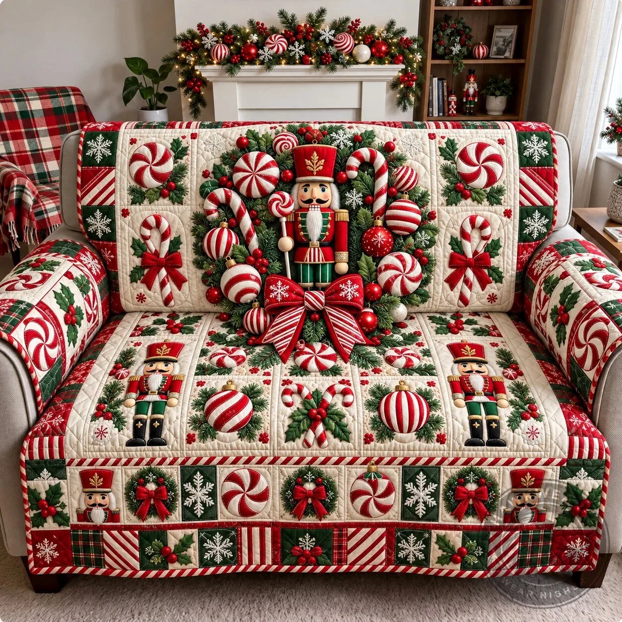 Christmas Candy Cane Nutcracker Wreath Quilted Sofa Cover