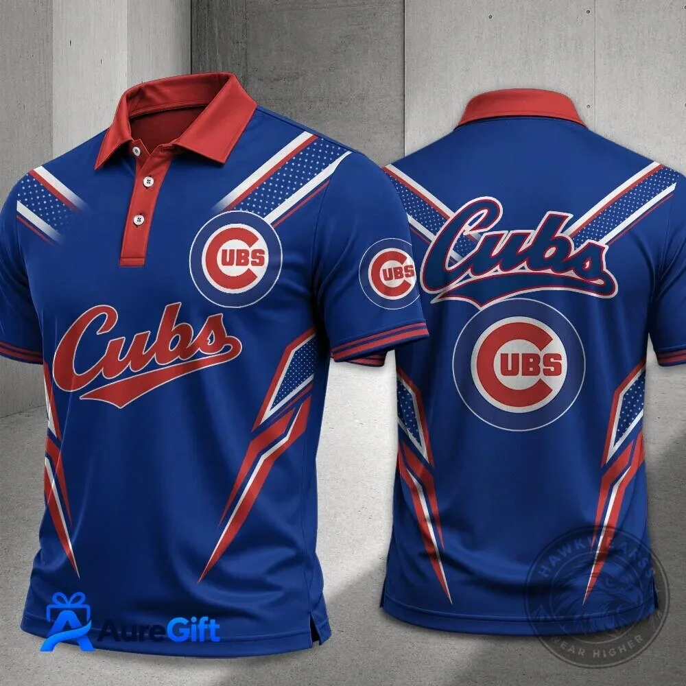 Chicago Cubs Baseball Team Logo Blue Red White Stripes Polo Shirt