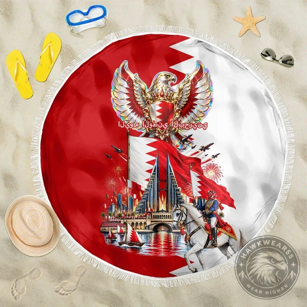 Bahrain National Day Round Beach Blanket with Cultural Emblem and Flag Design