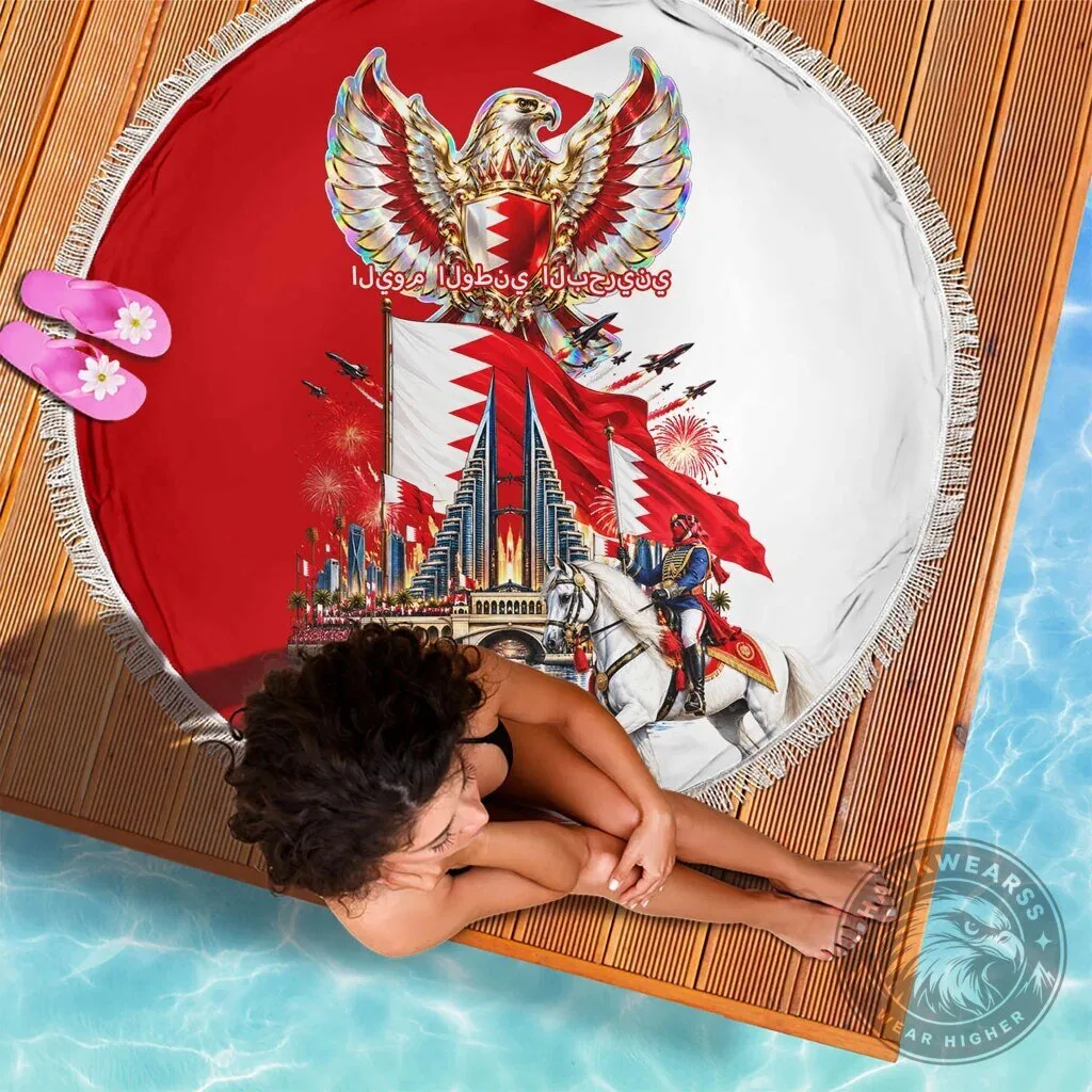 Bahrain National Day Round Beach Blanket with Cultural Emblem and Flag Design 10 Bahrain National Day Round Beach Blanket with Cultural Emblem and Flag Design