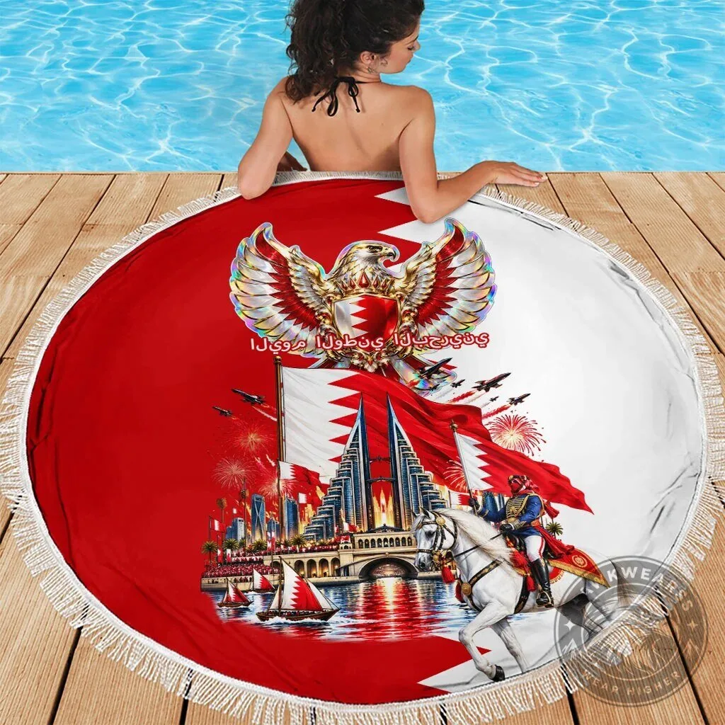 Bahrain National Day Round Beach Blanket with Cultural Emblem and Flag Design 11 Bahrain National Day Round Beach Blanket with Cultural Emblem and Flag Design