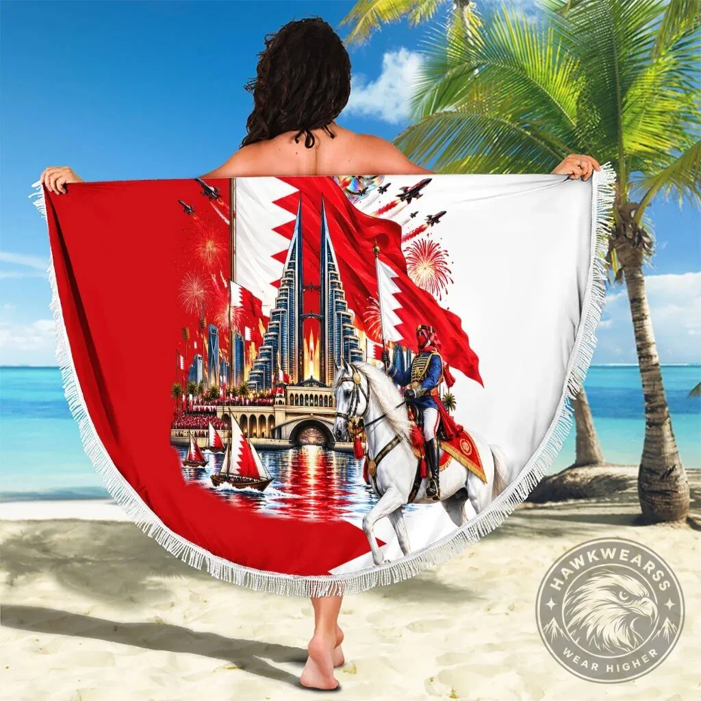 Bahrain National Day Round Beach Blanket with Cultural Emblem and Flag Design 12 Bahrain National Day Round Beach Blanket with Cultural Emblem and Flag Design