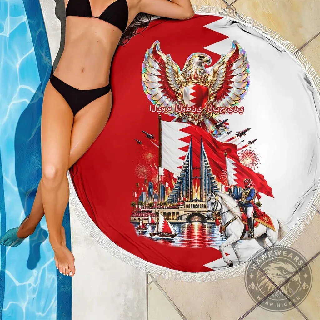 Bahrain National Day Round Beach Blanket with Cultural Emblem and Flag Design 13 Bahrain National Day Round Beach Blanket with Cultural Emblem and Flag Design