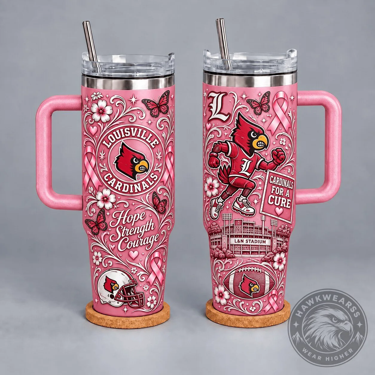 Louisville Cardinals Breast Cancer Awareness Hope Strength Courage Tumbler