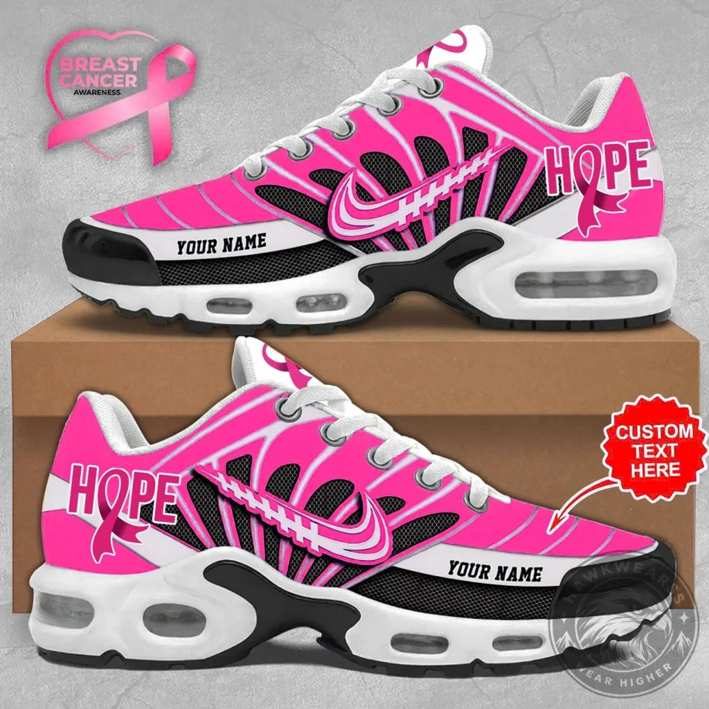 Custom Name Running Shoes with Pink Ribbon for Breast Cancer Awareness and Hope Custom Name Running Shoes with Pink Ribbon for Breast Cancer Awareness and Hope