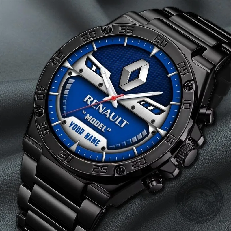 Renault Custom Name Model Blue Dial Black Stainless Steel Watch for Men