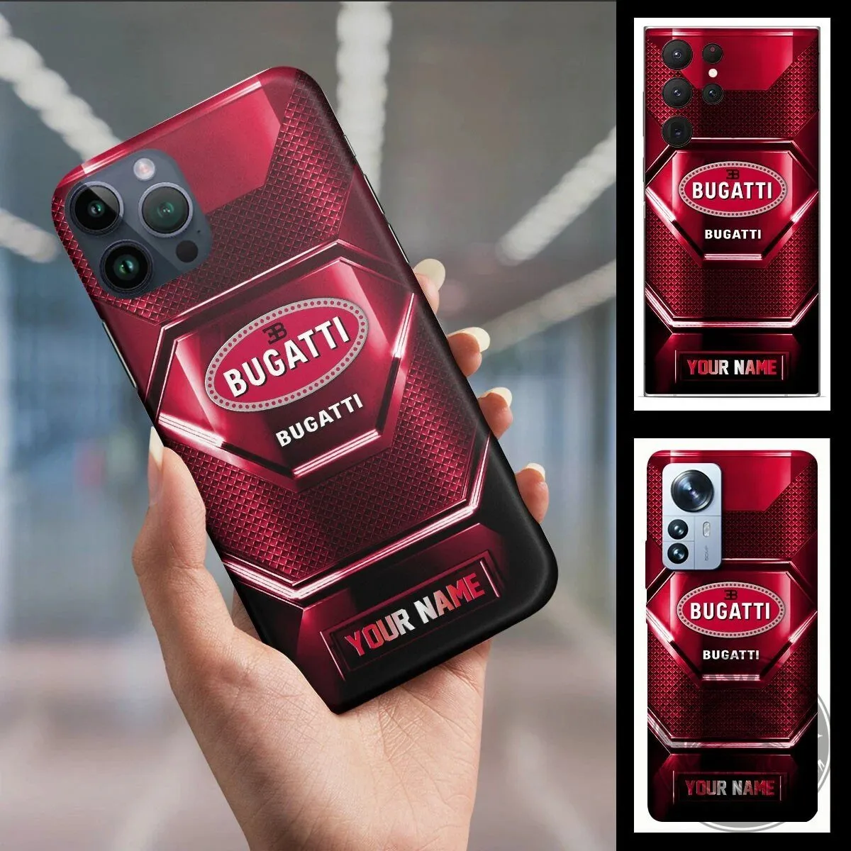 Bugatti Custom Name Red Metallic Pattern Phone Case for iPhone and Android
