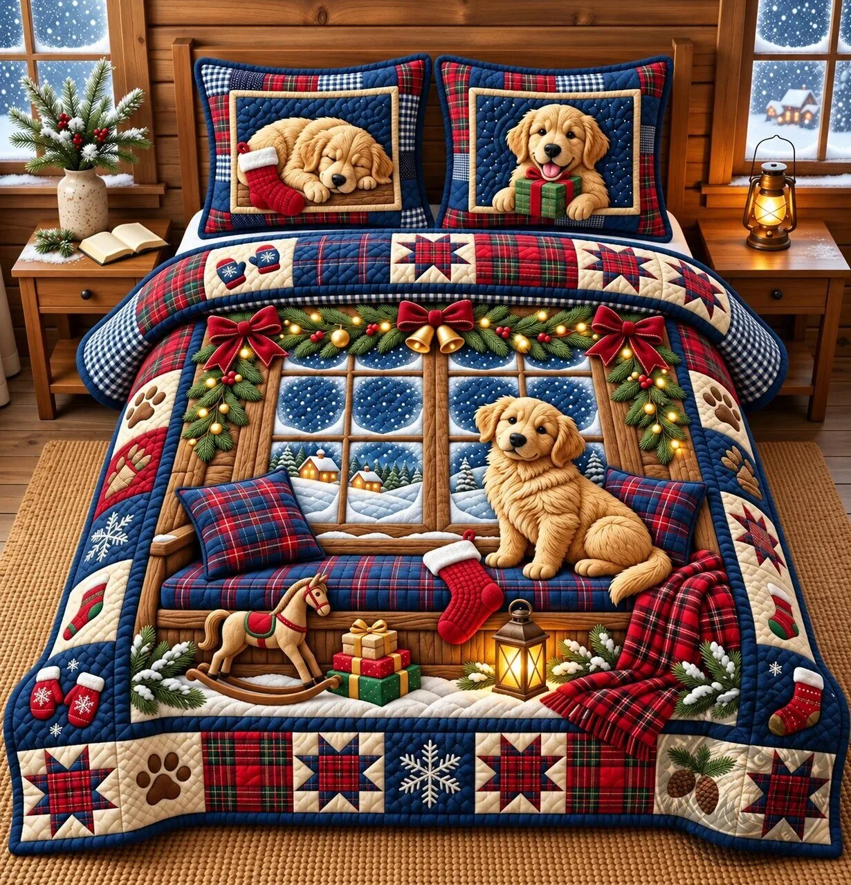 Golden Retriever Puppy Christmas Holiday Quilted Bedding Set
